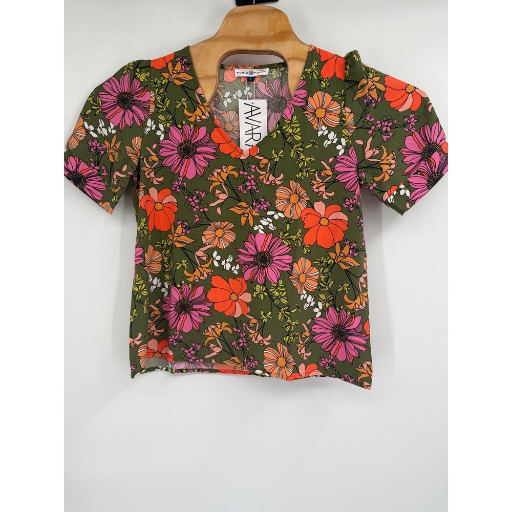 Michelle McDowell Maya Top Women's Sz S Green Floral Puff Sleeve Flowy Shirt NWT